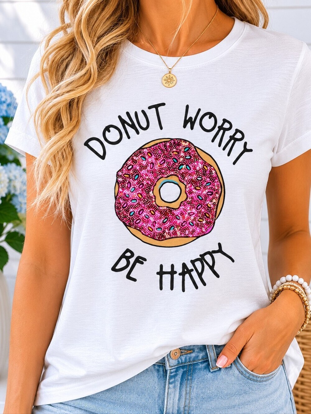 ONLY Donut Worry Be Happy Sequin Donut Graphic Tee NWT Large Cotton